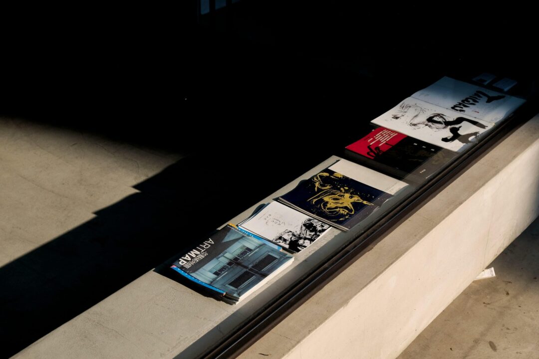 Art magazines and brochures on a sunlit concrete surface, highlighting shadow play and design.