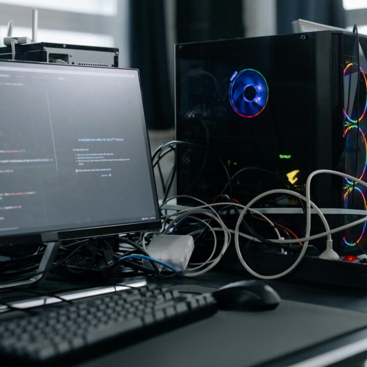 A modern workspace featuring a computer monitor with code, a PC tower, and peripherals.